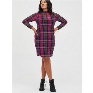Torrid 2X Plaid Pink Mock Neck Sheer Mini Dress Holiday Party NEW